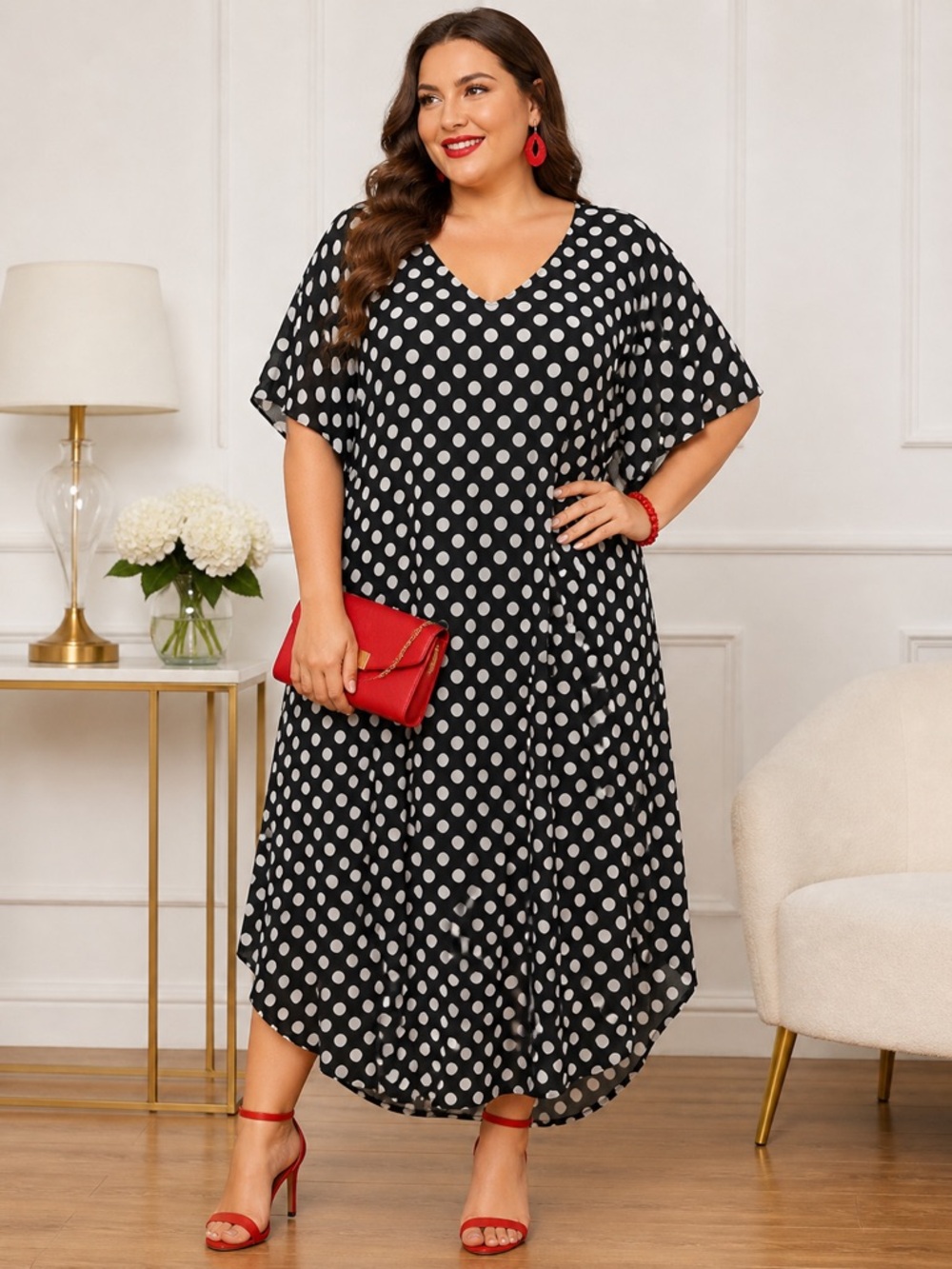 Plus Size Black Polka Dot V-Neck Midi Dress